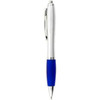 A plastic pen with a shiny silver barrel and a blue rubber grip, featuring a clip and a branding logo.