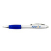 A silver pen with a blue grip and a logo on the barrel.