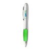 A plastic pen with a silver barrel and a green grip. It features a logo on the barrel.