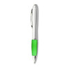 A silver pen with a green rubber grip, featuring a clip and a shiny finish, with a branding logo present.