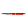 A red plastic pen with a silver clip and black polka dots, featuring a branding logo.
