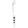 A white plastic pen featuring silver accents and three black buttons, with a clip for attaching to pockets or notebooks.