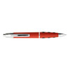 A red plastic pen with a silver clip and black polka dots, featuring a branding logo.