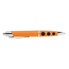 An orange plastic pen with a silver clip and three push buttons, featuring a branding logo.