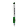 A metal pen with a silver body and green grip, featuring a logo on the side.