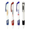 Four plastic pens featuring blue, red, and black accents, with a variety of logos and branding on the bodies.