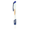 A white and blue plastic pen with a clip and a logo on the barrel.