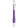 A metallic purple pen with a white clip and grip, featuring a sleek design and a logo.