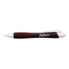A metallic pen in dark maroon with silver accents and a logo on the barrel. Ideal for writing.