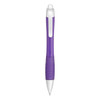 A purple and white metallic pen with a textured grip and a clip, featuring a logo.