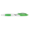 A plastic pen with a transparent barrel and green accents, featuring an area for a logo.