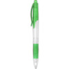 A plastic pen with a transparent body and green accents, featuring a logo on the barrel.