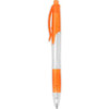 A plastic pen featuring a clear body with an orange grip and click mechanism. It has a branding logo.