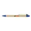 A blue pen with a natural paper barrel and a clip, featuring a logo on the side.