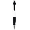 A plastic pen in white and black, featuring a clip and a shiny metal tip, with branding on it.