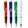 A collection of four plastic pens in red, blue, green, and white, each featuring a clip and a logo.