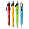 A collection of four metal pens in red, yellow, green, and blue, each featuring a logo and a sleek design.