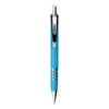 A blue metal pen with silver accents and a clip, featuring a sleek, modern design.