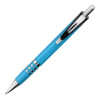 A metal pen in a vibrant blue colour with silver accents and a clip. It features a sleek design and branding.