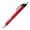 A red metal pen with a silver clip and decorative silver rings on the barrel. It features a branding logo.