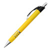 A metal pen with a yellow barrel and black details, featuring a clip and silver accents.