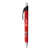 A red metal pen with a shiny silver tip and a black clip, featuring a logo on the barrel.