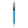 A metal pen in a vibrant blue colour with a shiny chrome clip and accents. It features a logo on the body.