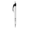 A metal pen featuring a white barrel and chrome accents, with a black clip and decorative silver rings.