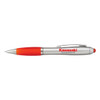 A silver stylus pen with an orange grip and tip, featuring a logo on the body.