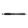A black stylus pen with a textured grip and a silver clip, featuring a logo on its barrel.
