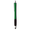 A green stylus pen with a black grip and a metal clip, featuring a logo on the barrel.