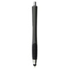 A black stylus pen with a sleek design and a silver tip, featuring a textured grip and a branding logo.