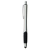 A silver stylus pen with a black grip and a logo on the side, ideal for touch screens.