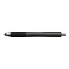 A stylus pen in a sleek black design with a textured grip and silver accents. It features a branding logo.
