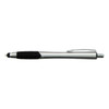 A silver stylus pen with a black grip and a clip, featuring a logo on its side.