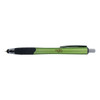 A green stylus pen with a black grip and silver accents. It features a branding logo.