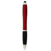 A red stylus pen with a silver trim and a black grip, featuring a logo.