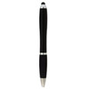 A black stylus pen with silver accents and a rubber grip, featuring a logo on the body.