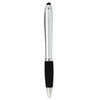 A silver stylus pen with a black grip and a rounded tip, featuring branding on the body.