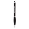 A black stylus pen with a textured grip and a round tip, featuring a logo.
