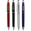A selection of four stylus pens in red, black, silver, and blue, each featuring a logo.