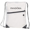 A white drawstring bag with a zippered front pocket and black accents, featuring a logo.