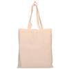 A calico tote bag in a light beige colour with long, sturdy handles. It features a logo on one side.