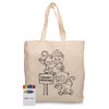 A cream calico bag featuring monkey illustrations and a crayon set with multiple colours.