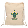 A calico drawstring bag in cream colour featuring a green logo with a fleur-de-lis and stars.