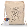 A cream drawstring bag featuring a bear and gifts design, alongside a set of colourful crayons in a box.