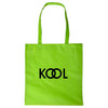 A bright green shopping tote bag with a logo featuring the word "KOOL" in black.