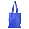 A blue shopping tote bag with a V gusset and long handles, featuring a logo.