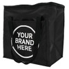 A black insulated grocery bag with sturdy handles and a logo on the front.
