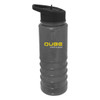 A drink bottle made of grey Tritan with a black lid and a straw, featuring a logo.